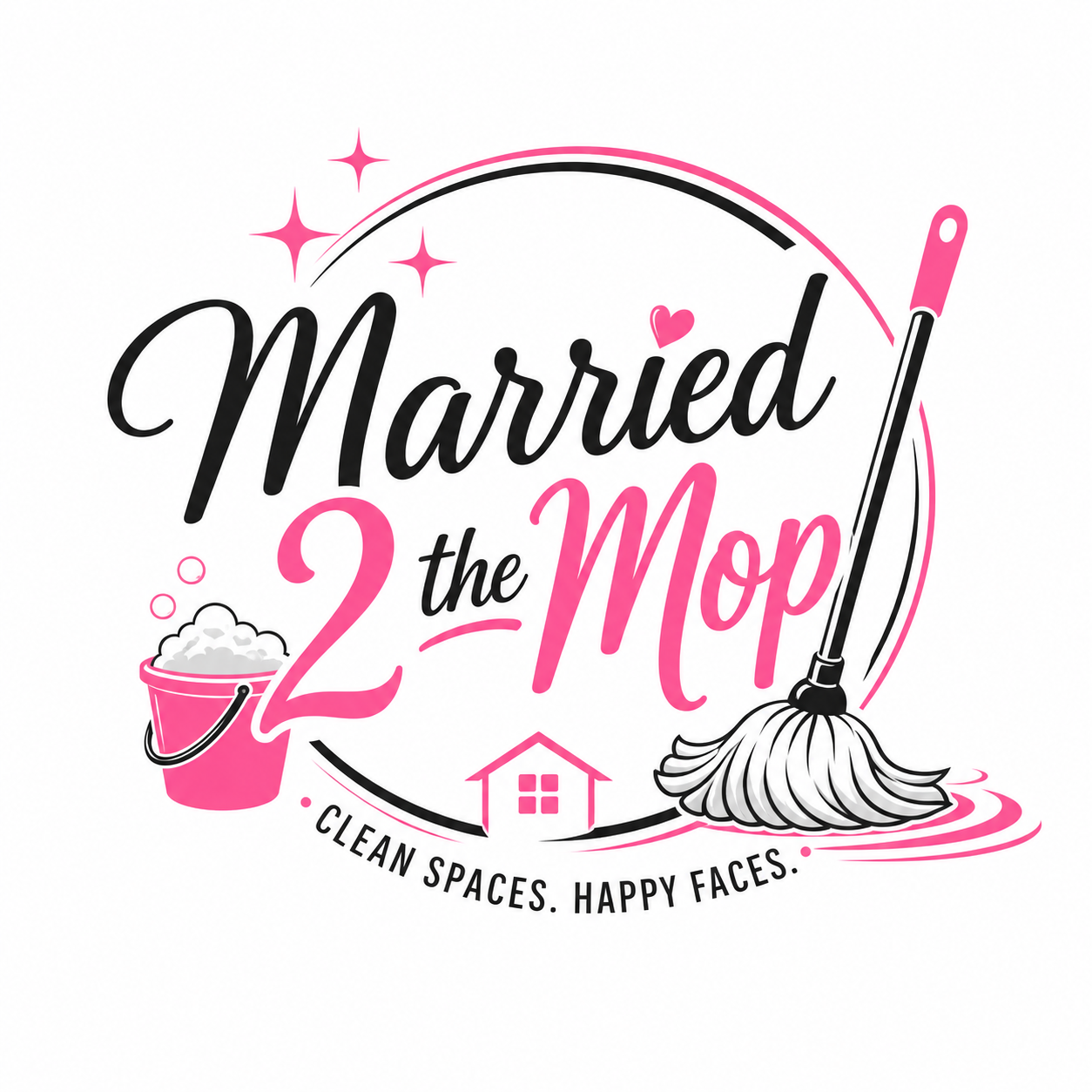 Married 2 the Mop logo with a mop, bucket, and the words Clean Spaces. Happy Faces.